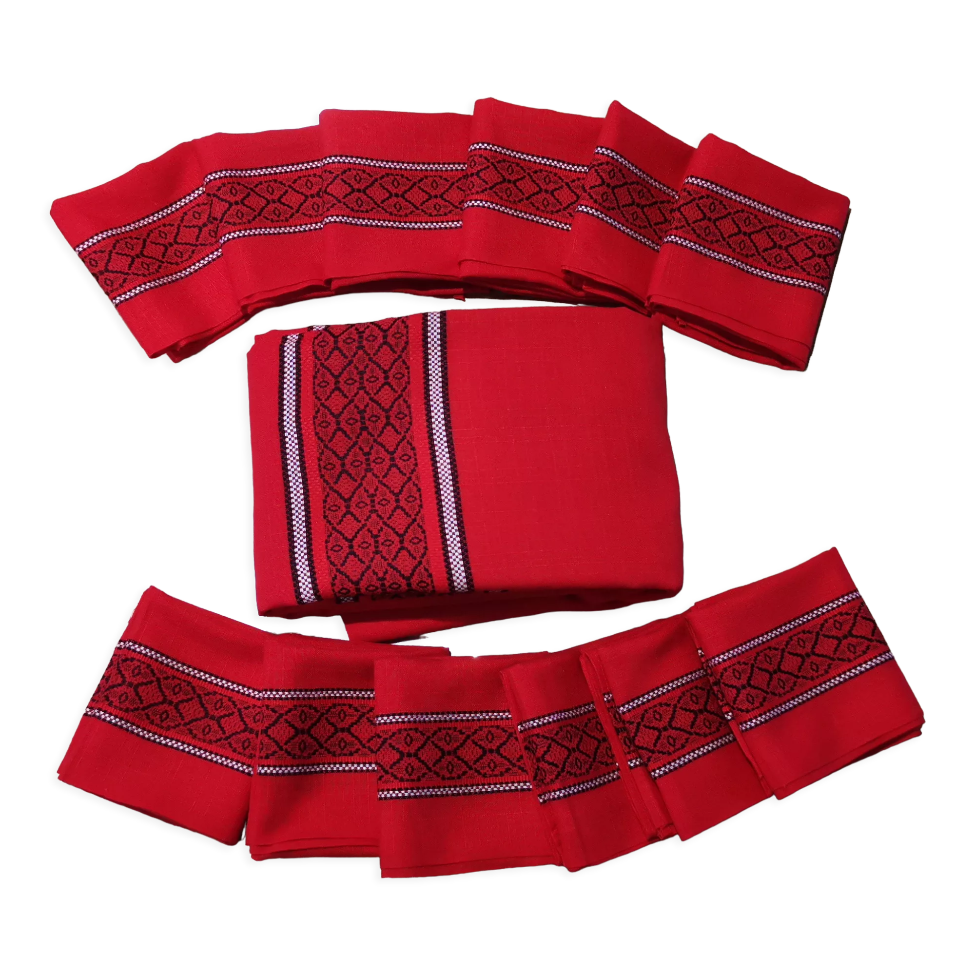 Old rectangular Basque red tablecloth and 12 matching Dralon towels