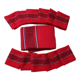 Old rectangular Basque red tablecloth and 12 matching Dralon towels
