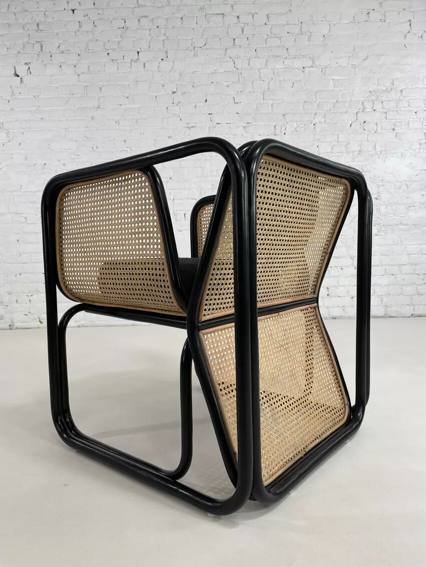 Cubic armchair in black rattan and canework