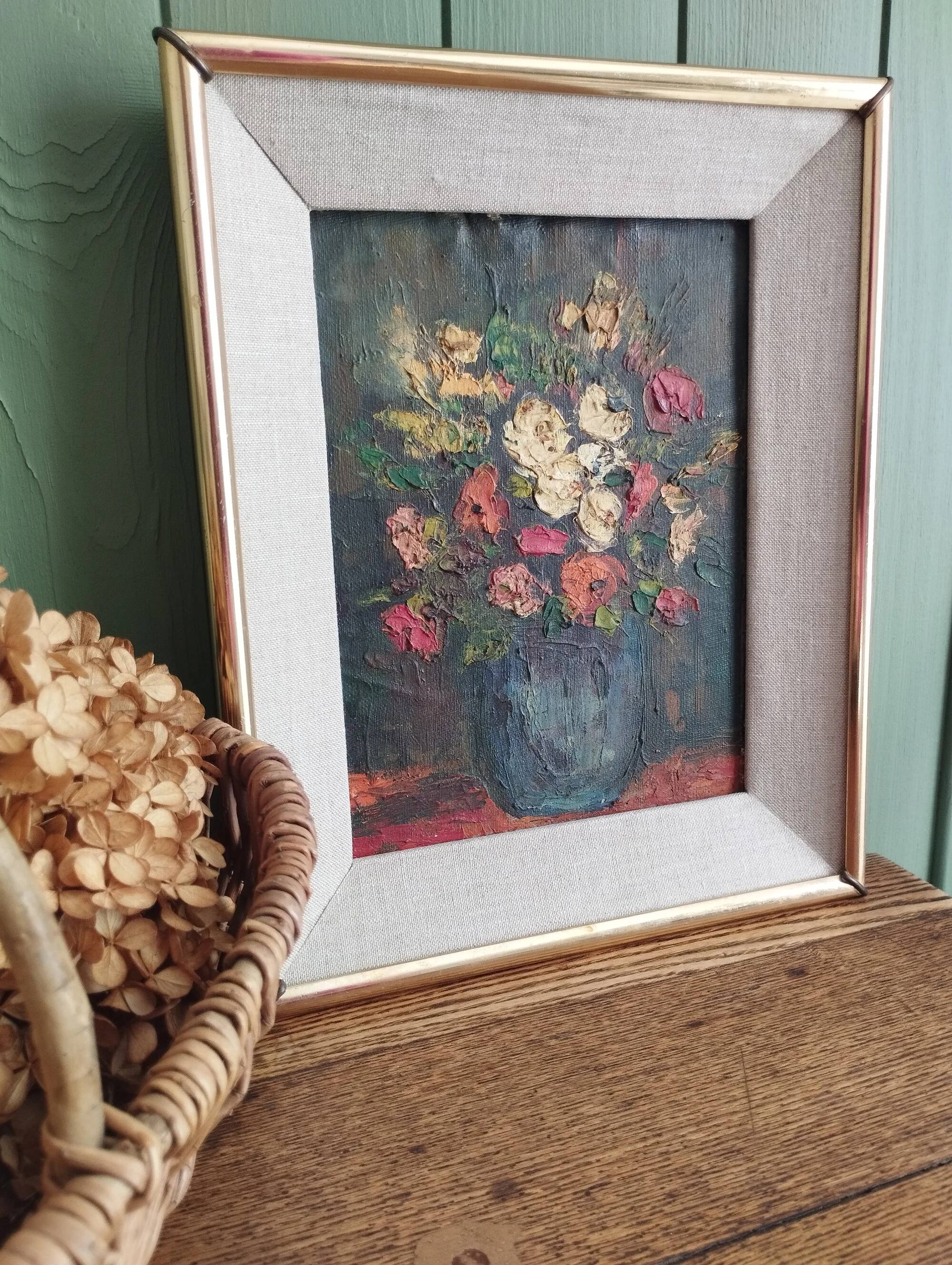 Bouquet de fleurs - Huile sur toile encadrée.