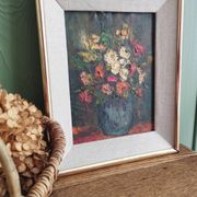 Bouquet de fleurs - Huile sur toile encadrée.