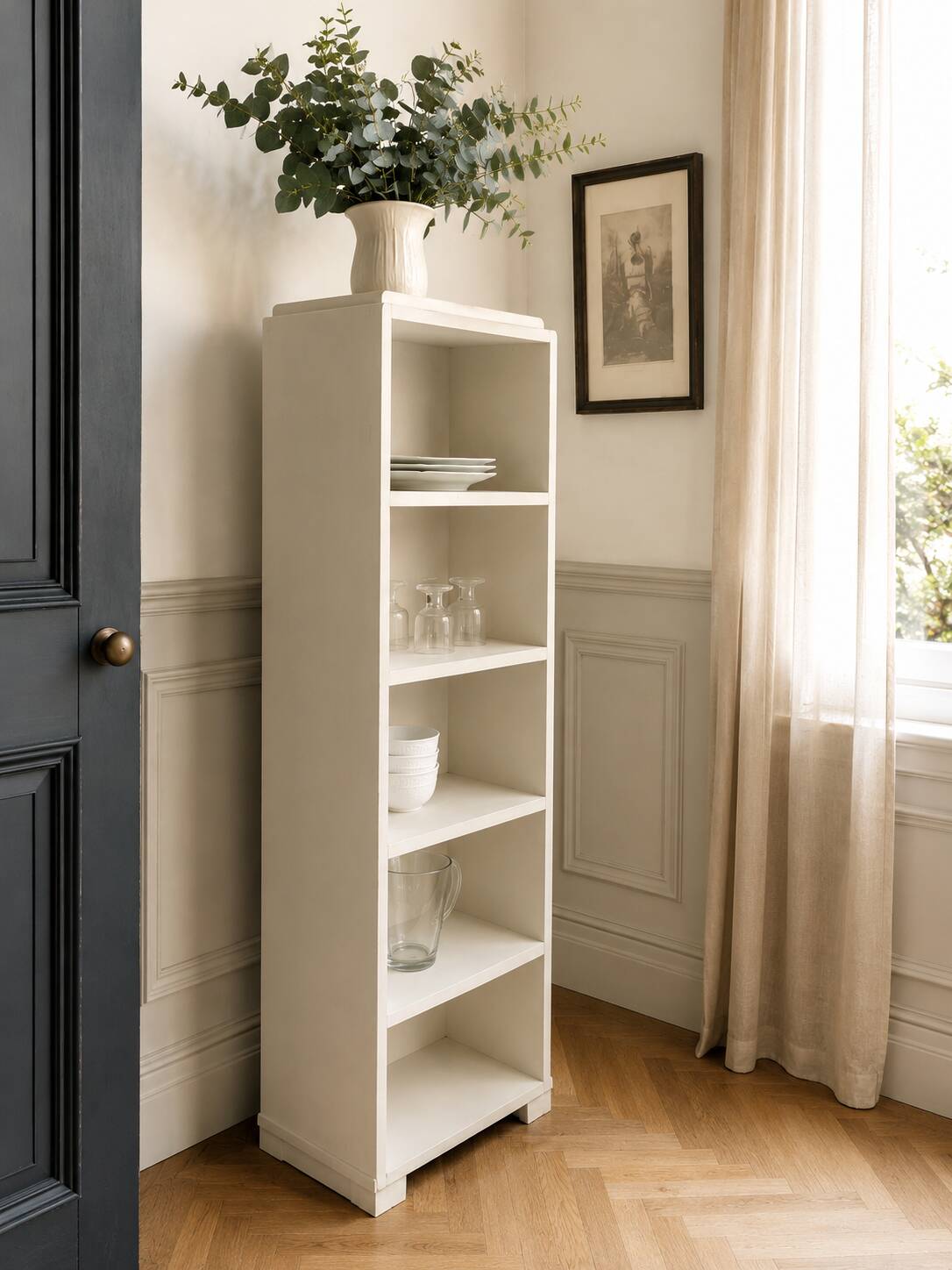 Renovated vintage 1950s library in beige.