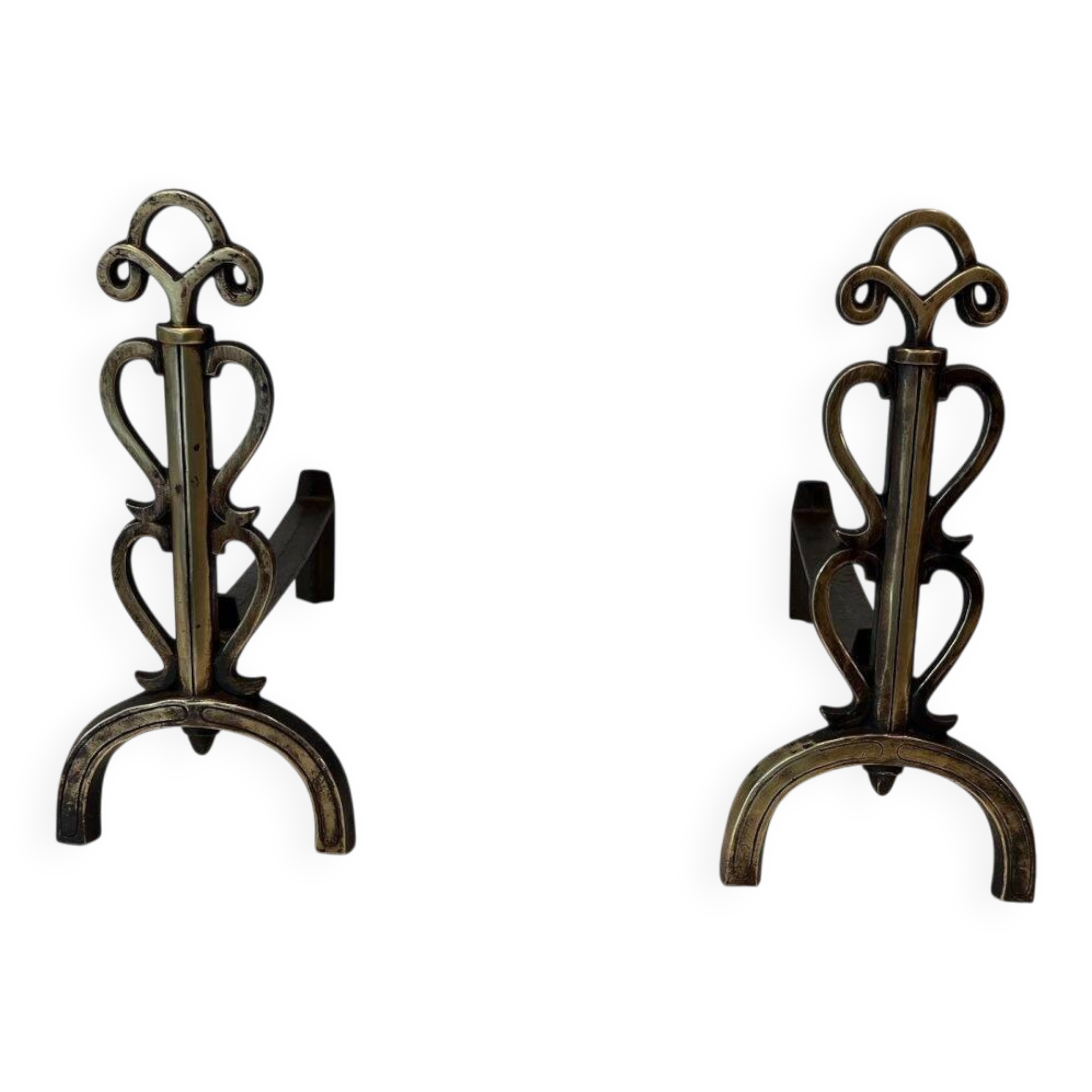 Pair of Brass and Wrought Iron Chenets with Triple Volute and Mount Torch Holders