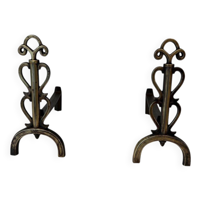 Paire de Chenets en Laiton et Fer Forgé à Flambeaux à Triple Volute et Mont