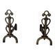 Pair of Brass and Wrought Iron Chenets with Triple Volute and Mount Torch Holders