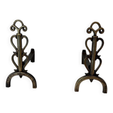 Pair of Brass and Wrought Iron Chenets with Triple Volute and Mount Torch Holders