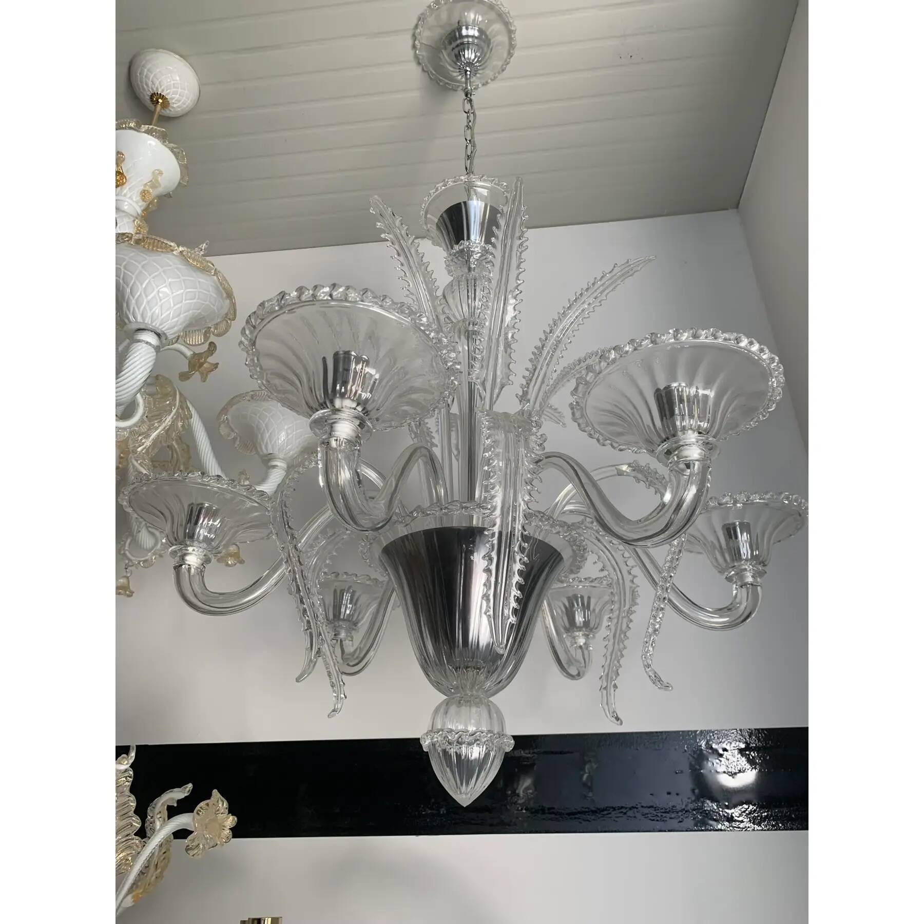 Transparent Murano-Style Venetian Glass Chandelier Featuring Fern (“Felci”)