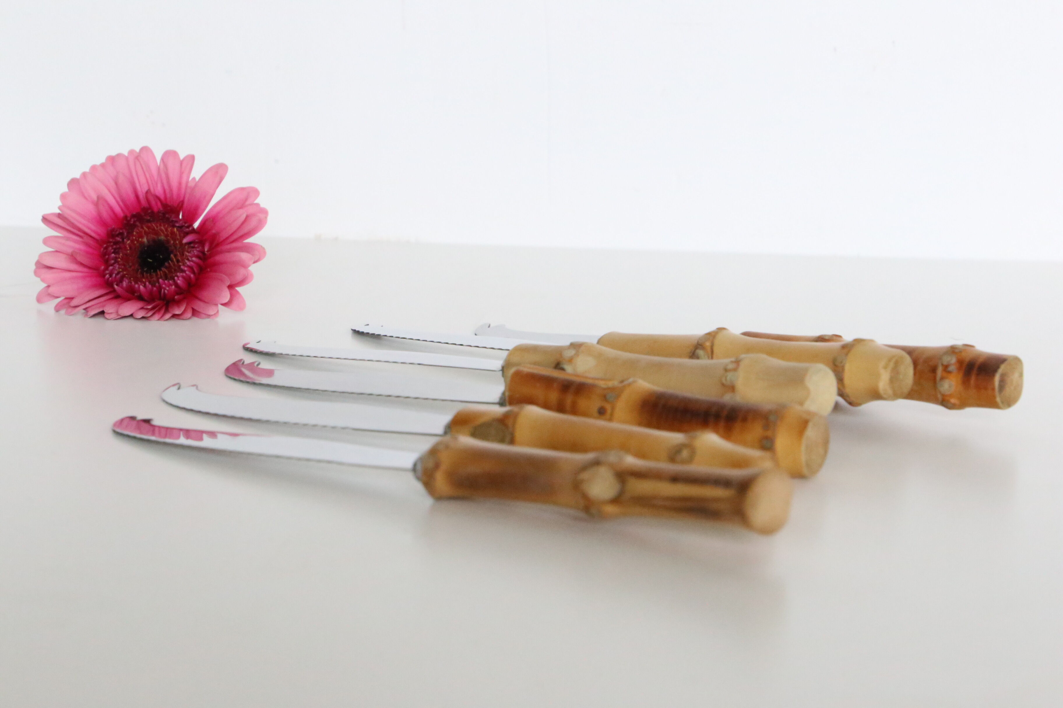 Service of 6 cheese knives, stainless blade and real rattan handle, vintage