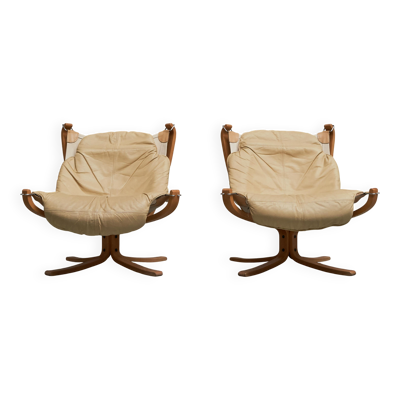 Paired Sigurd Ressell Falcon Lounge Chairs cuir, toile, bouleau, années 1970
