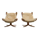 Pair of Sigurd Ressell Falcon Lounge Chairs leather, canvas, birch, 1970s