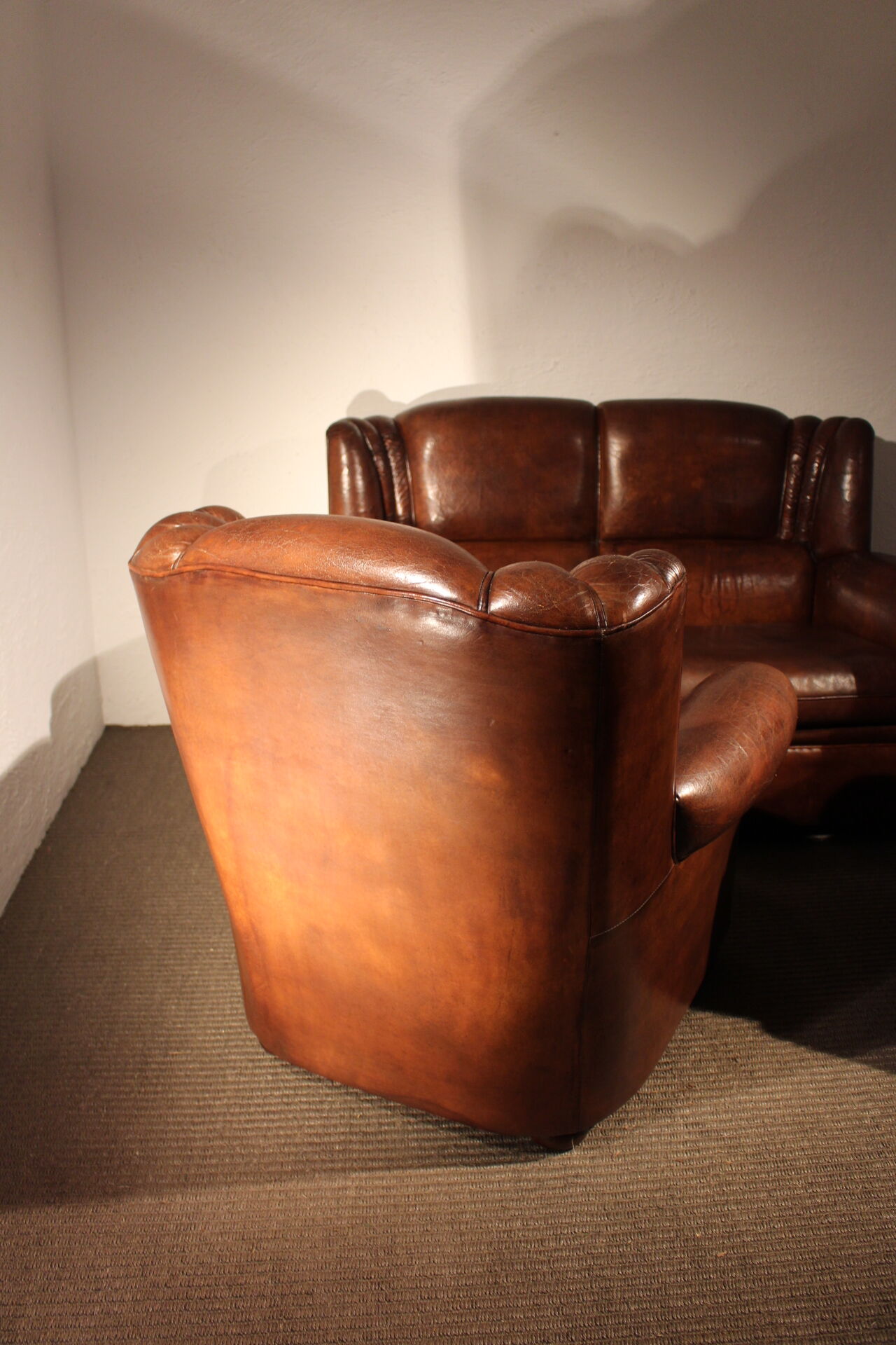 Set of 3 armchair, english leather, 1950s