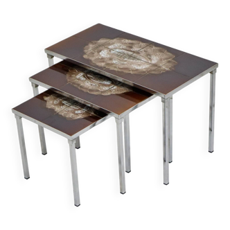 Tables gigognes vintage en carrelage Adri Belarti Lot de 3 en céramique chromée