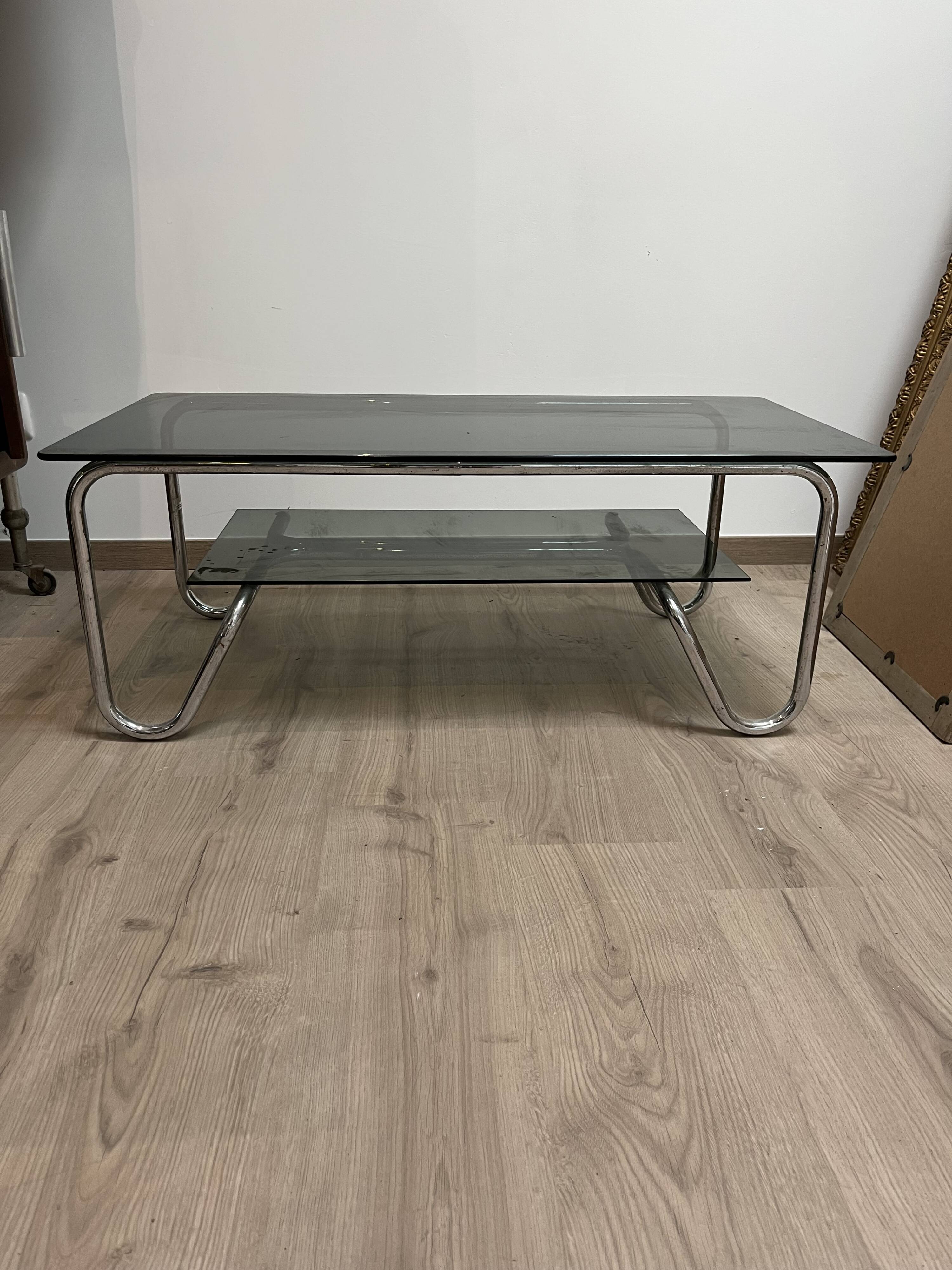 Coffee table in chrome metal and smoked glass design from the 70s