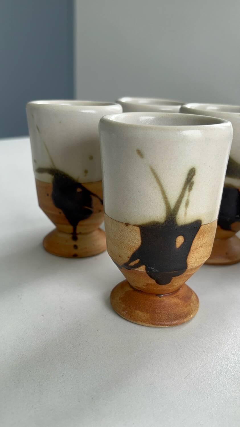 Set of 6 vintage ceramic footed coffee cups – artisanal style