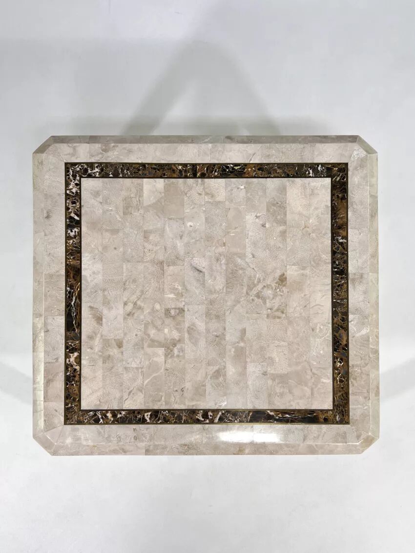 1970s-80s coffee table in stone marquetry and brass.