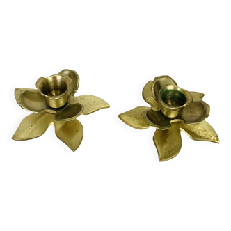 Pair of vintage gold brass flower candlesticks
