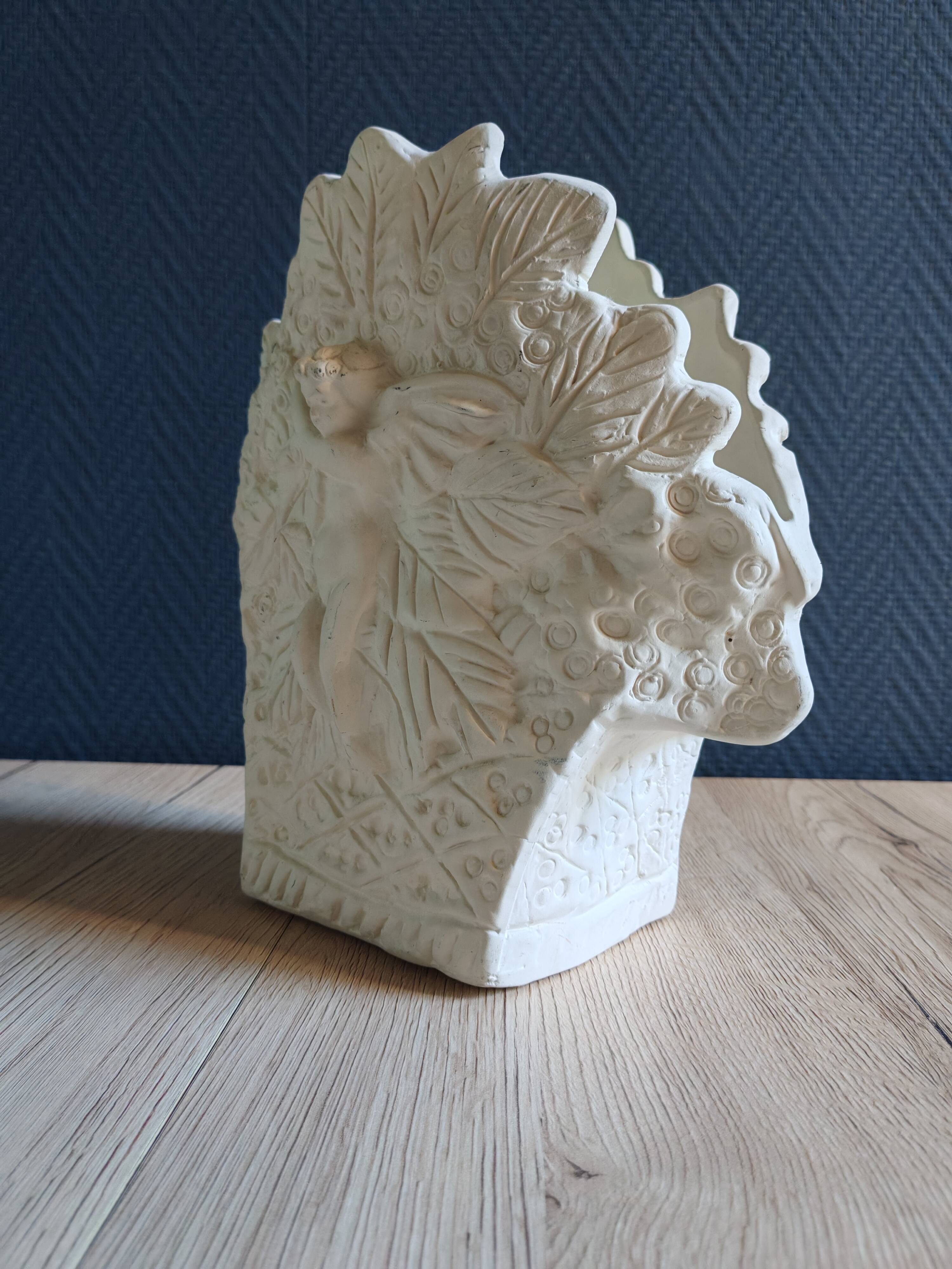 Angel Vase in White Plaster, Vintage Planter with Cherub and Flower Motif