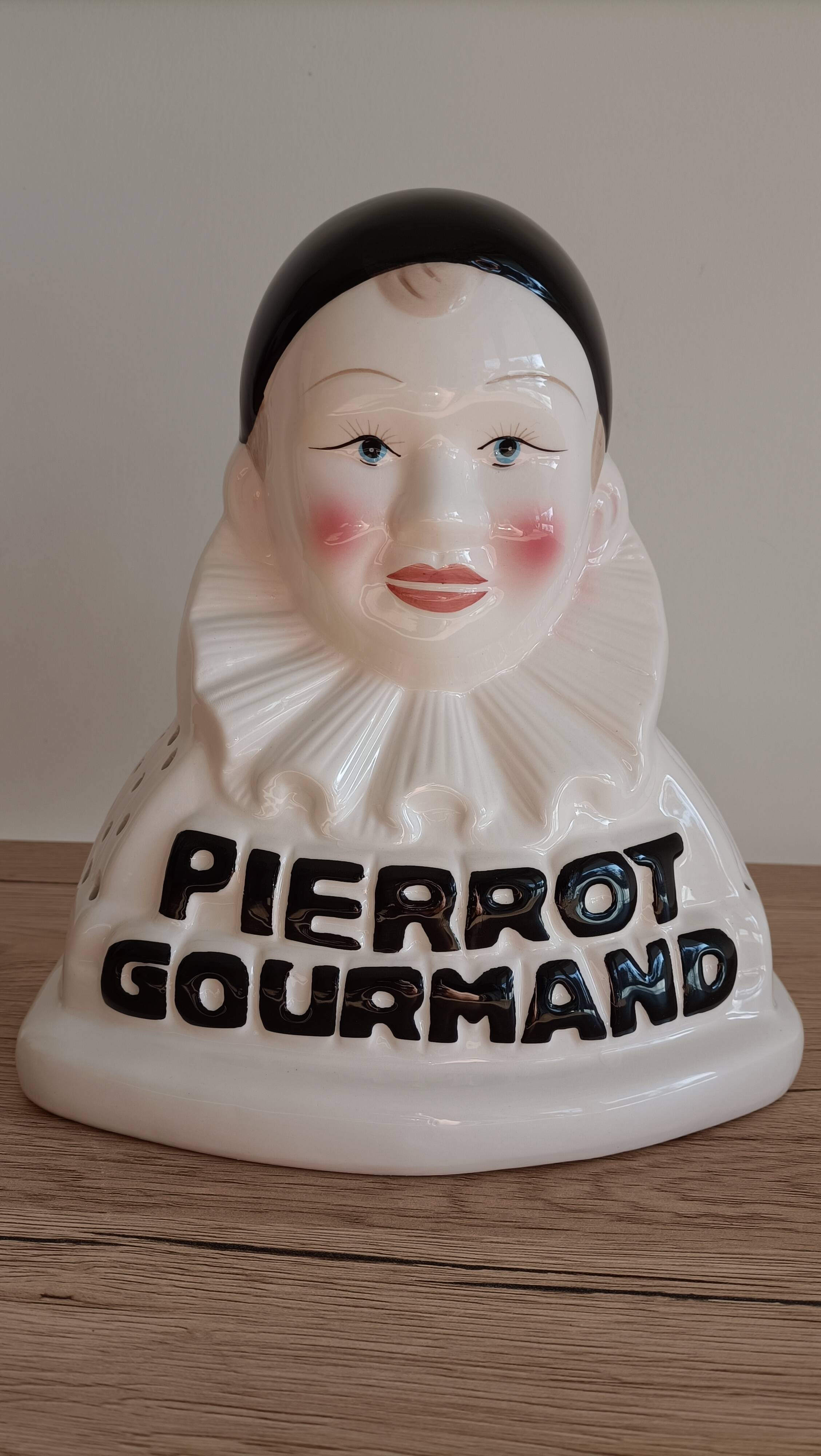 Présentoir à sucettes publicitaire buste pierrot gourmand en porcelaine