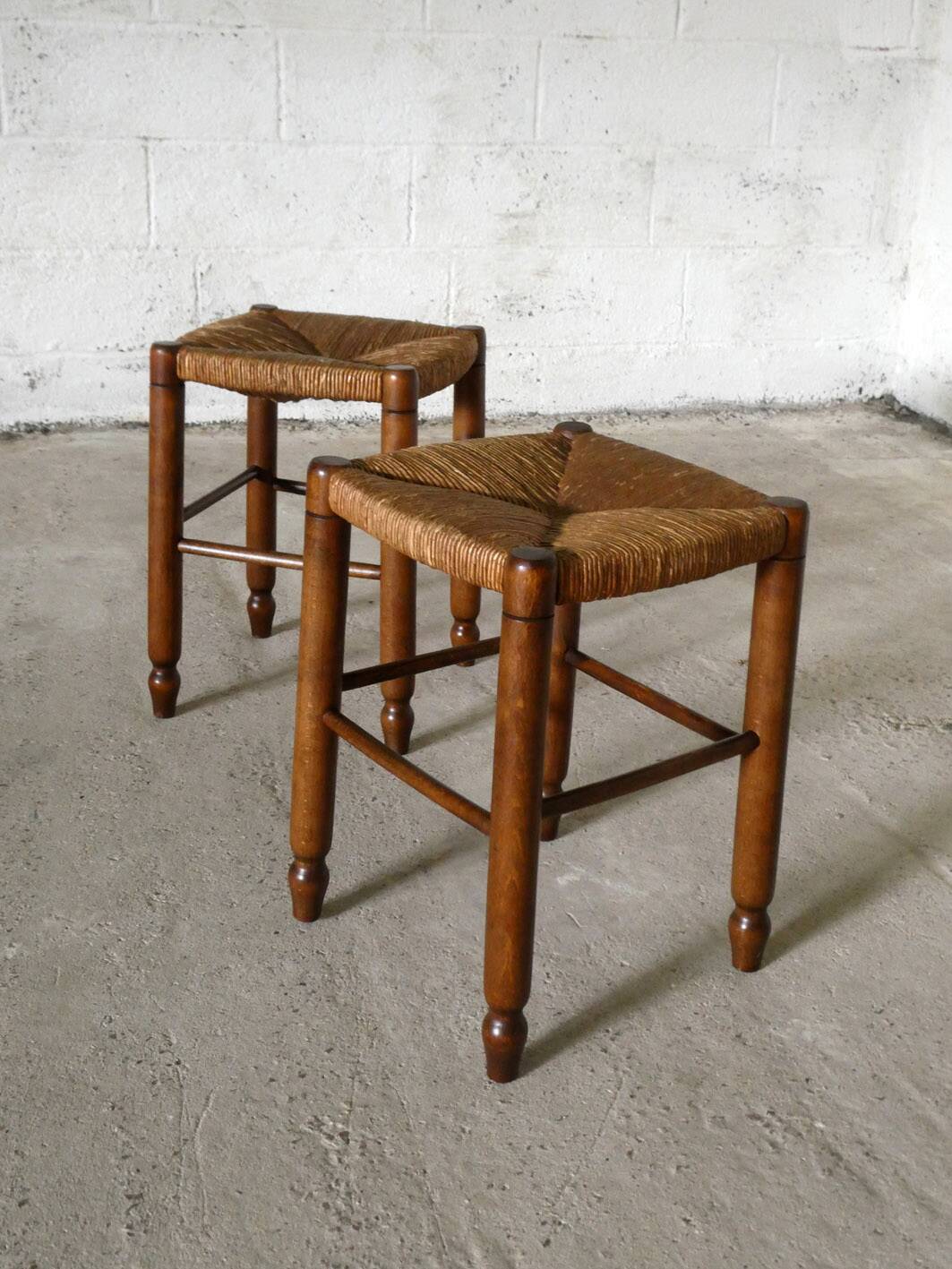 paire de tabourets en bois et paille, 1960