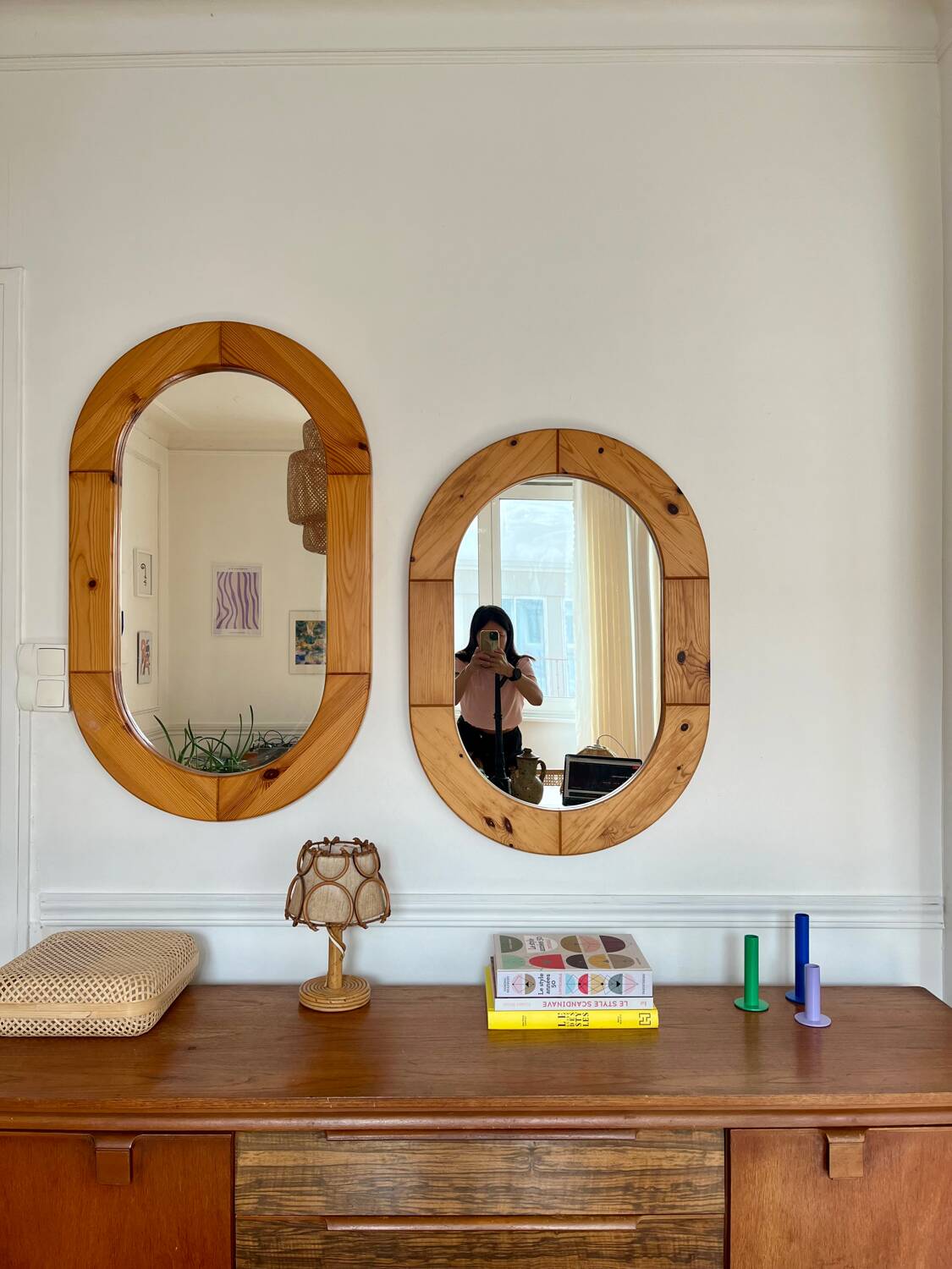 Oval mirror in solid pine vintage 70