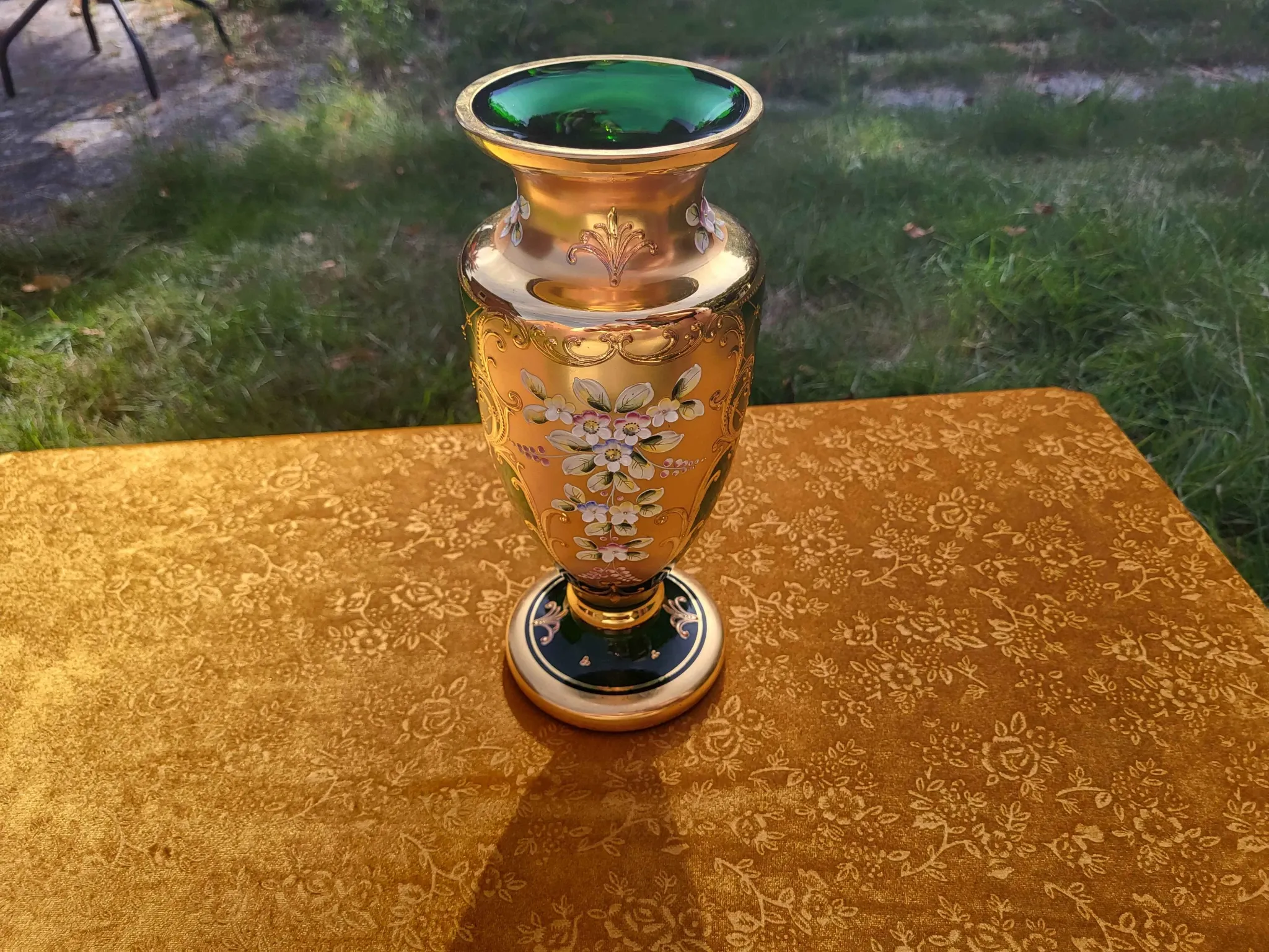 Bohemian Crystal Emerald Green Vase with 24K Gold Encrusted Floral Design
