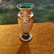 Bohemian Crystal Emerald Green Vase with 24K Gold Encrusted Floral Design