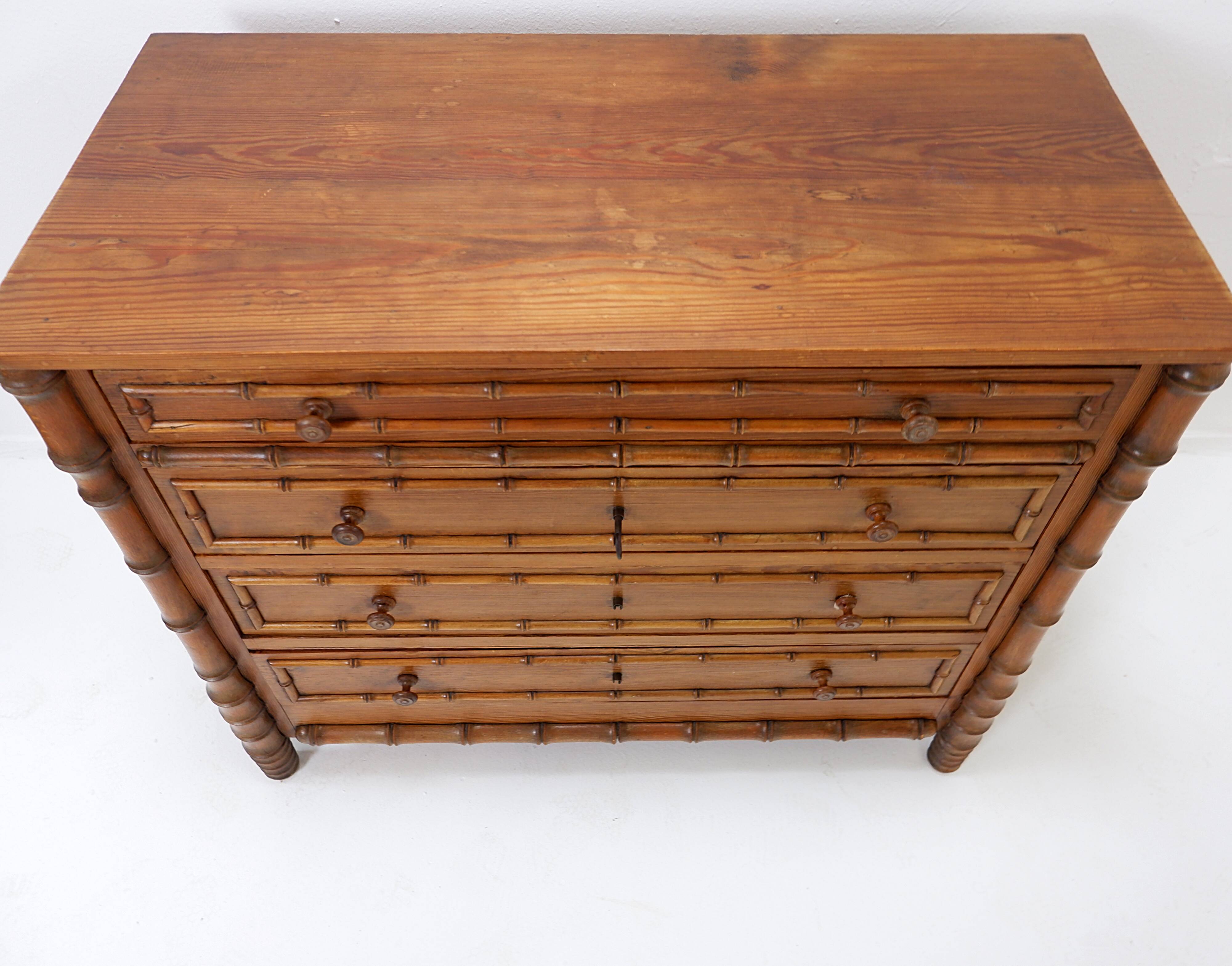 Faux Bamboo Dark Pine Chest of Drawers - Late 19th century