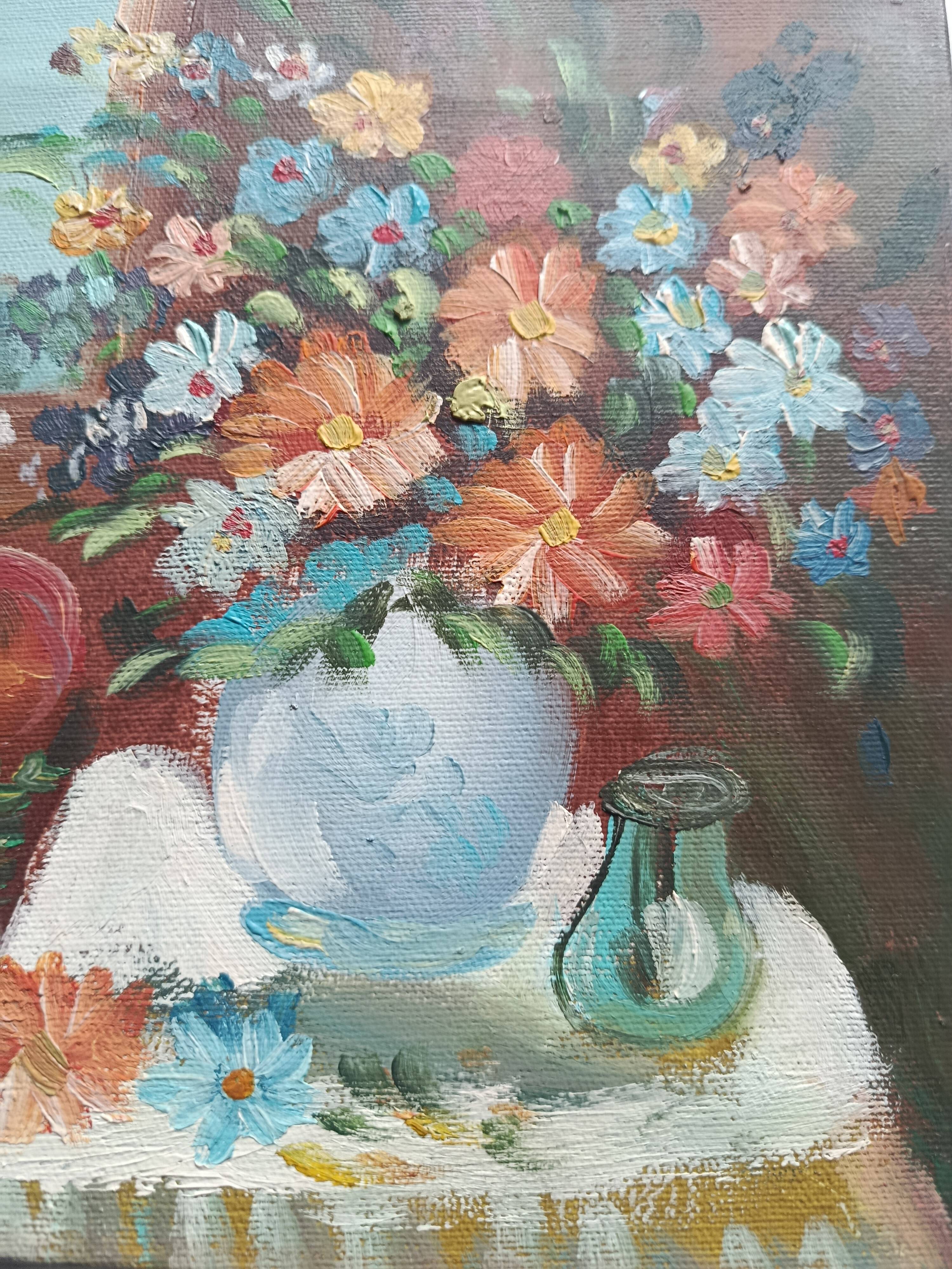 Hst still life signed helman xx: bouquet of flowers, vase, fruit, basket, window