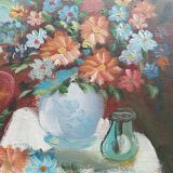 Hst still life signed helman xx: bouquet of flowers, vase, fruit, basket, window
