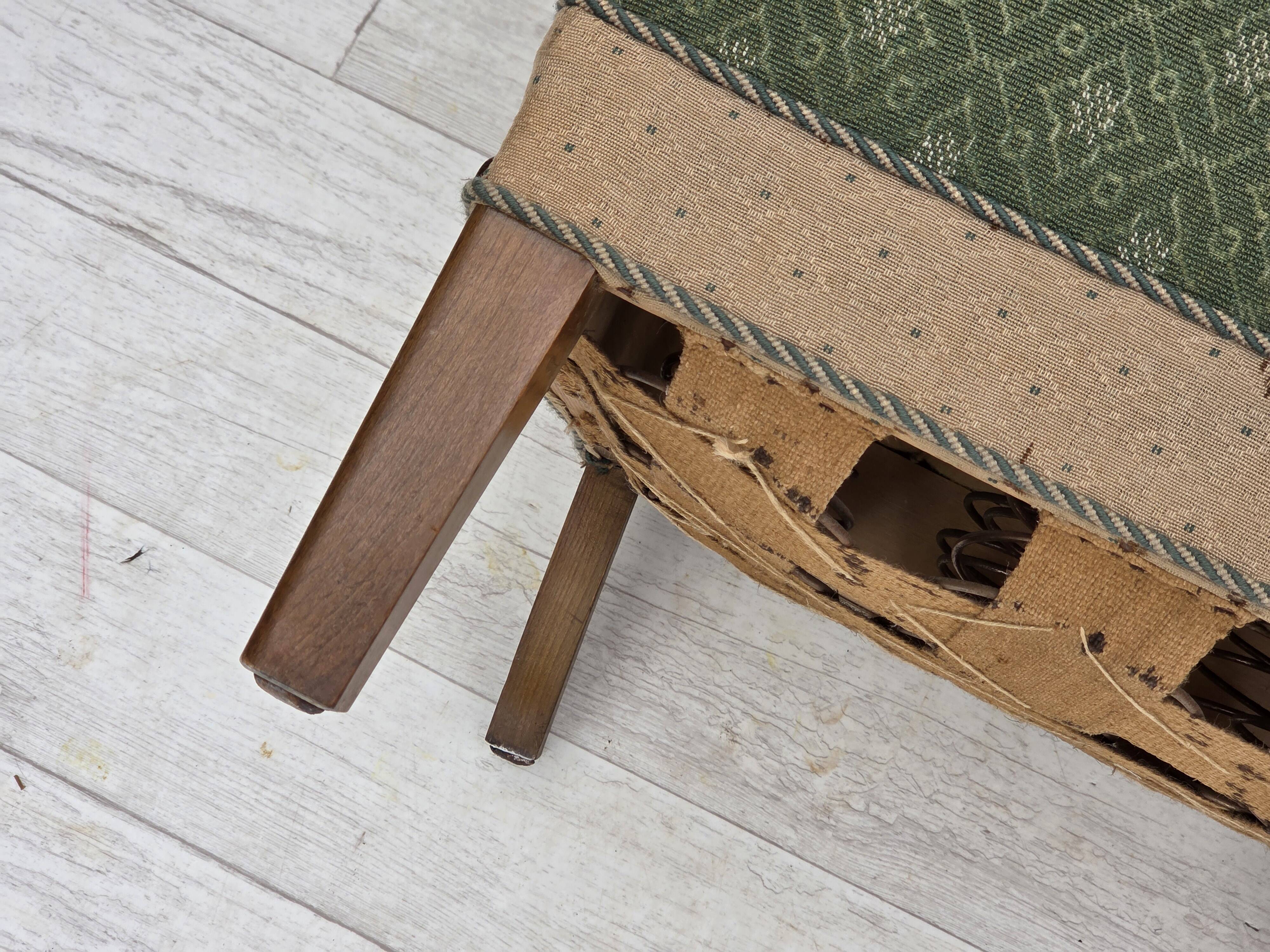 1950s, Danish armchair, original green/beige furniture wool, oak wood.