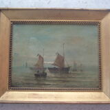 Tableau xix marine hst signed moreno, sailing boats fishermen, frame painting oil canvas