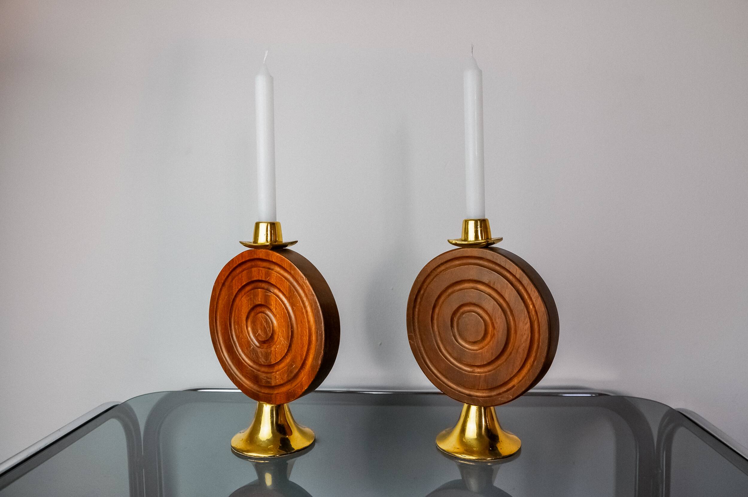 Pair of brutalist candlesticks by Ardisur, bronze and wood, Spain, 1970