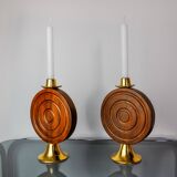 Pair of brutalist candlesticks by Ardisur, bronze and wood, Spain, 1970