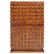 Italian brutalist-style bar made of wood and glass, drinks cabinet.
