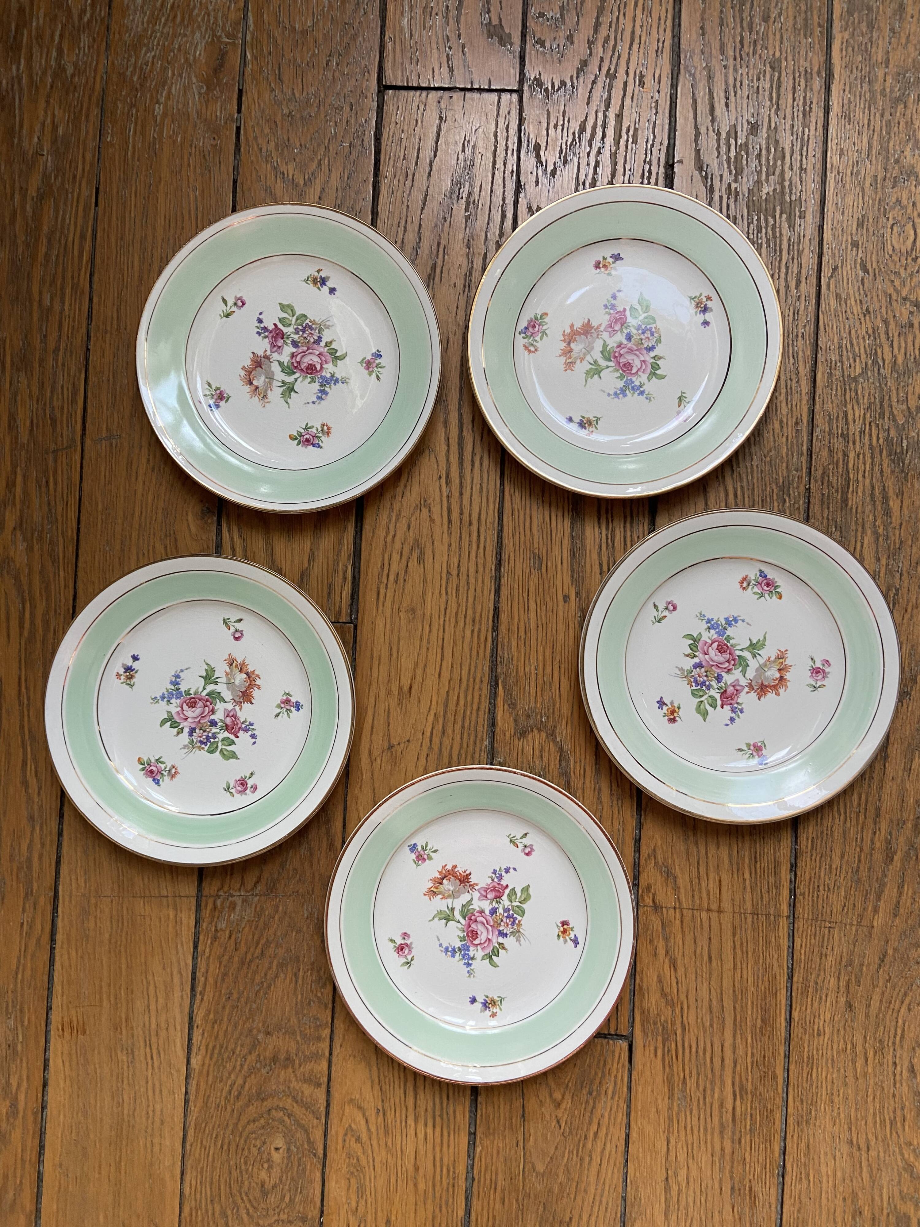 Lot de 5 assiettes à dessert l'Amandinoise couleur mint vintage