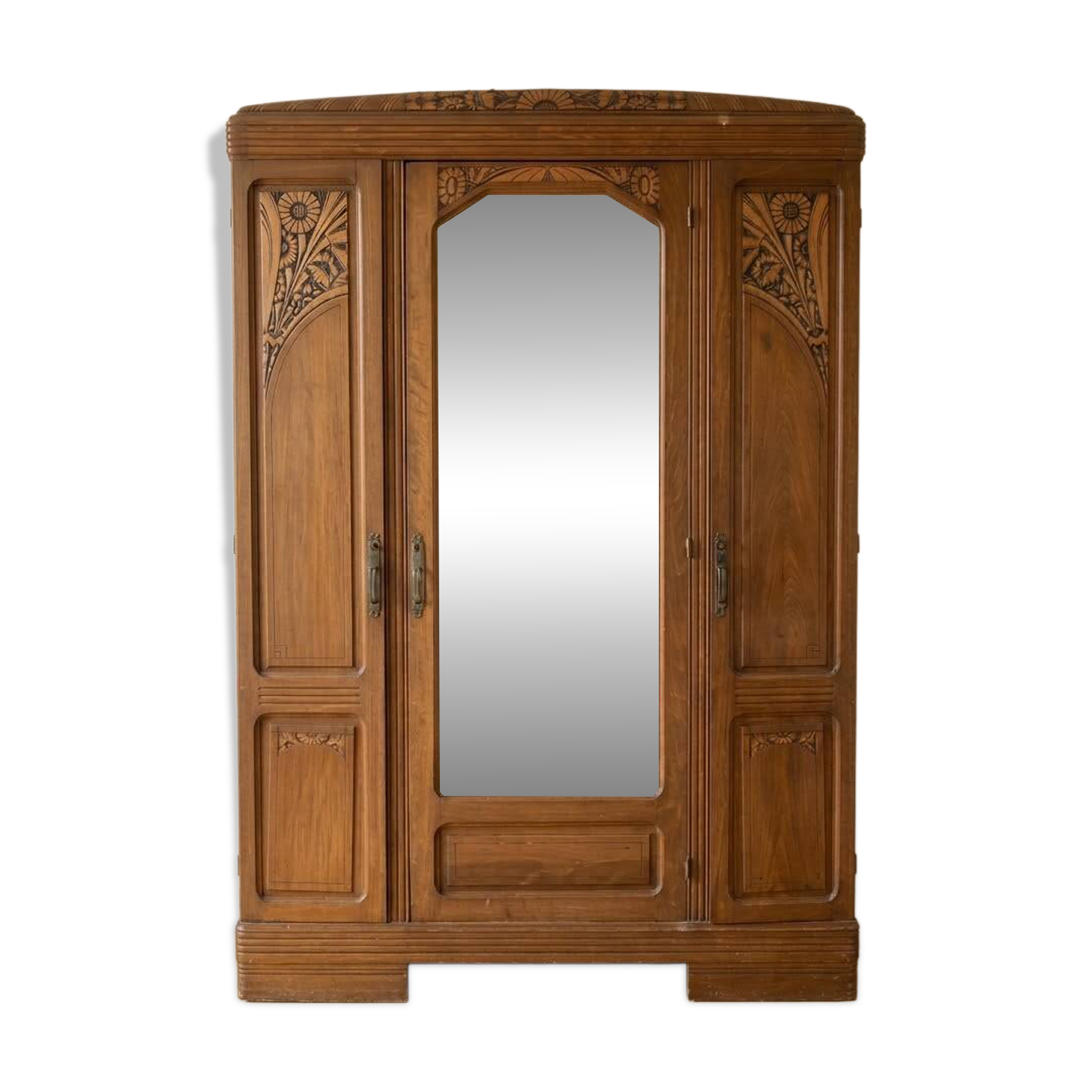Antique 3-door Art Deco wardrobe in wood with mirror