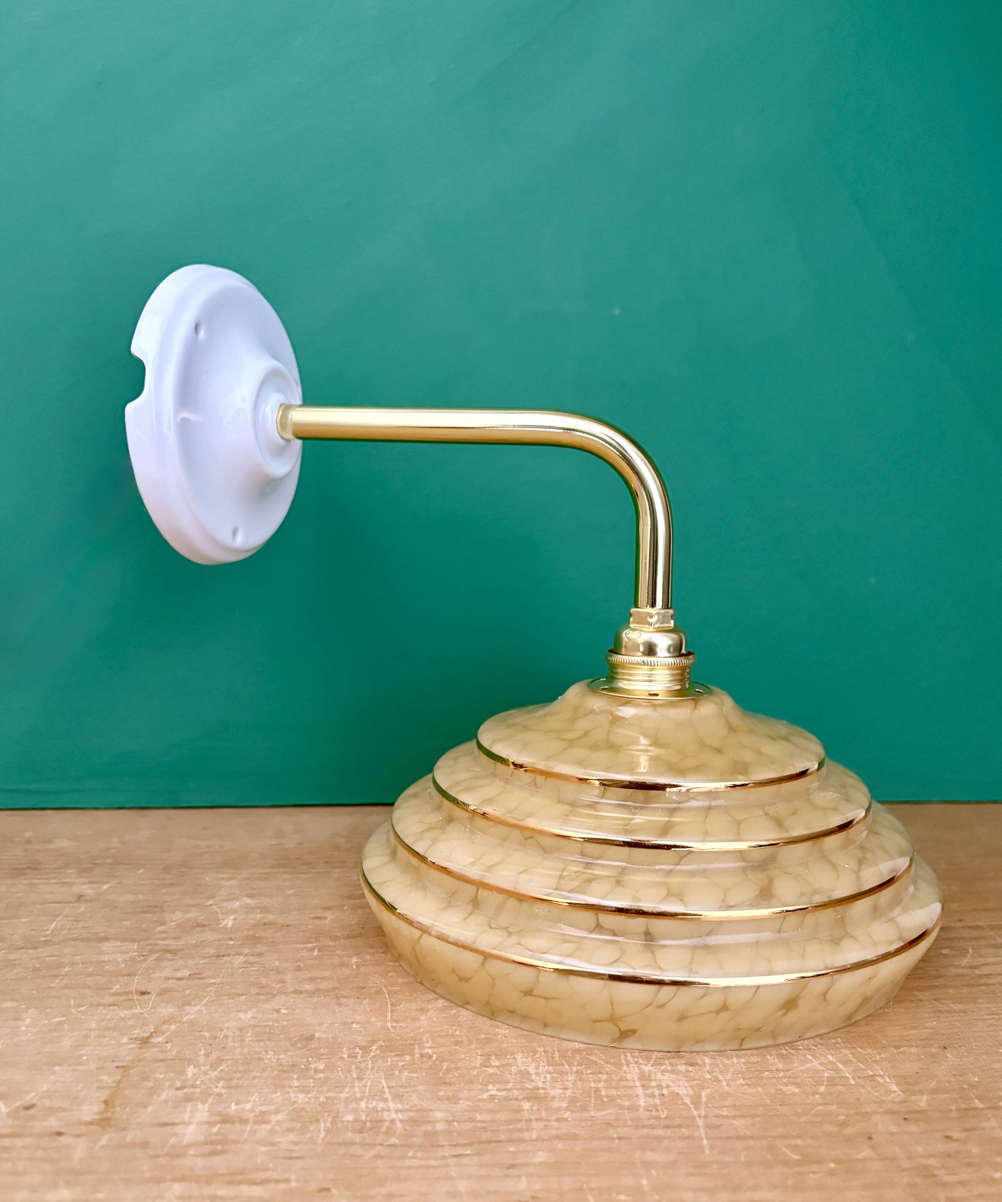 Vintage angled wall lamp with yellow and gold Clichy glass shade