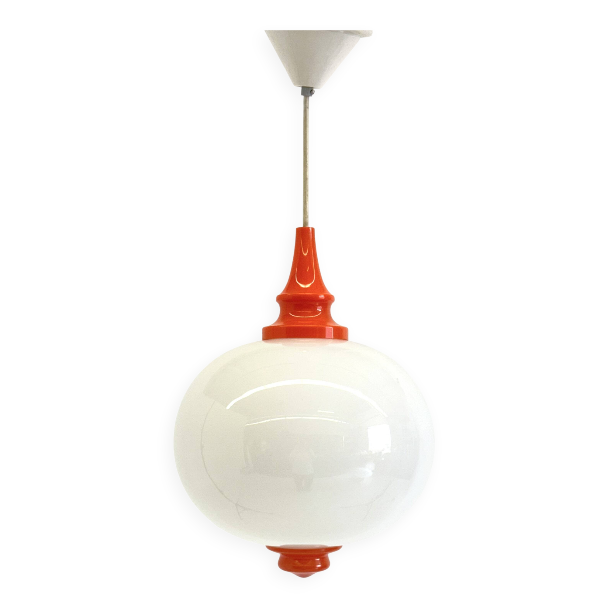 Space Age pendant lamp with milk glass ball and orange accents