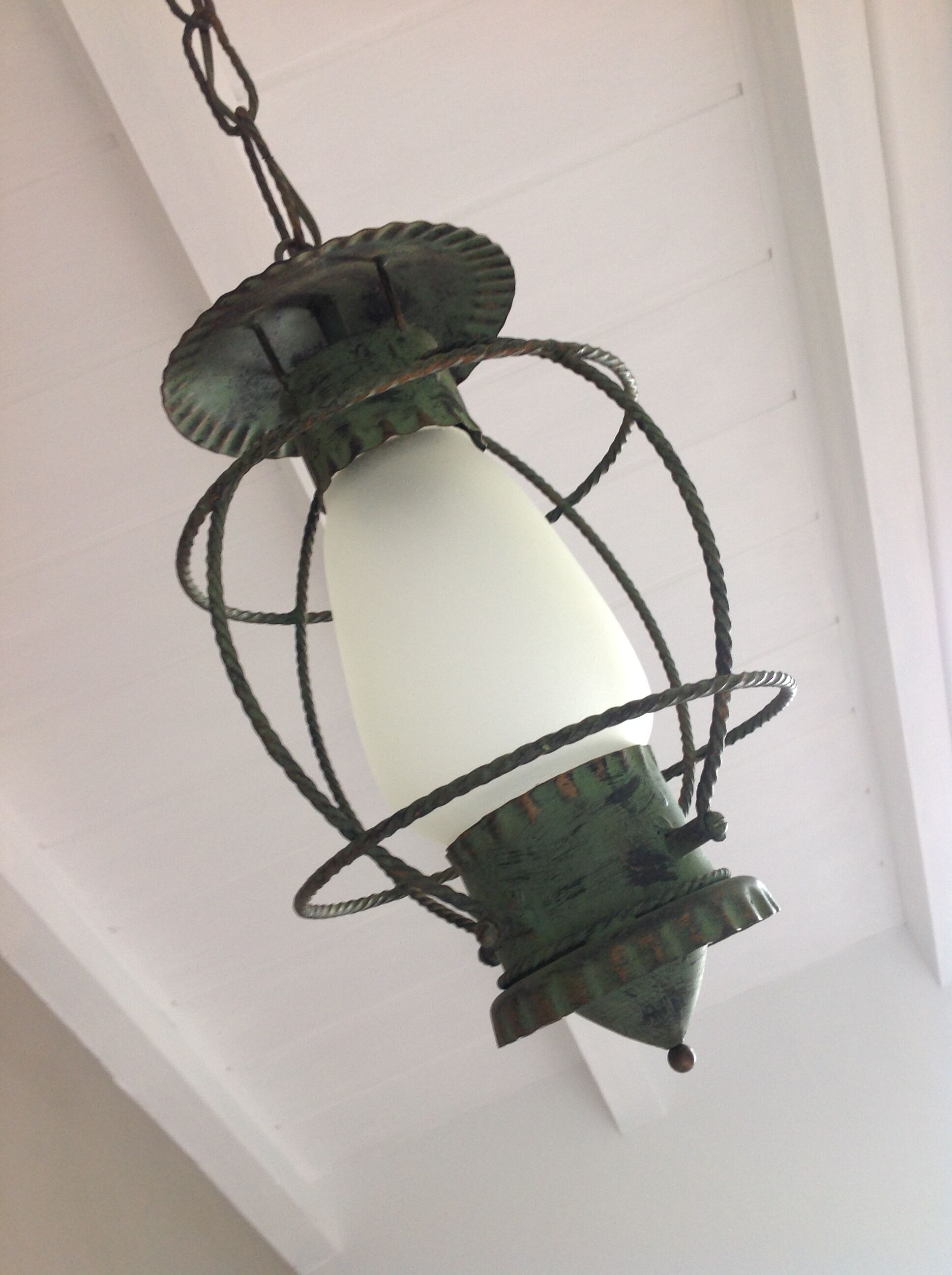 Lantern hanging lamp vintage green effect of gray painted metal