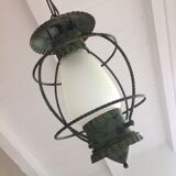 Lantern hanging lamp vintage green effect of gray painted metal