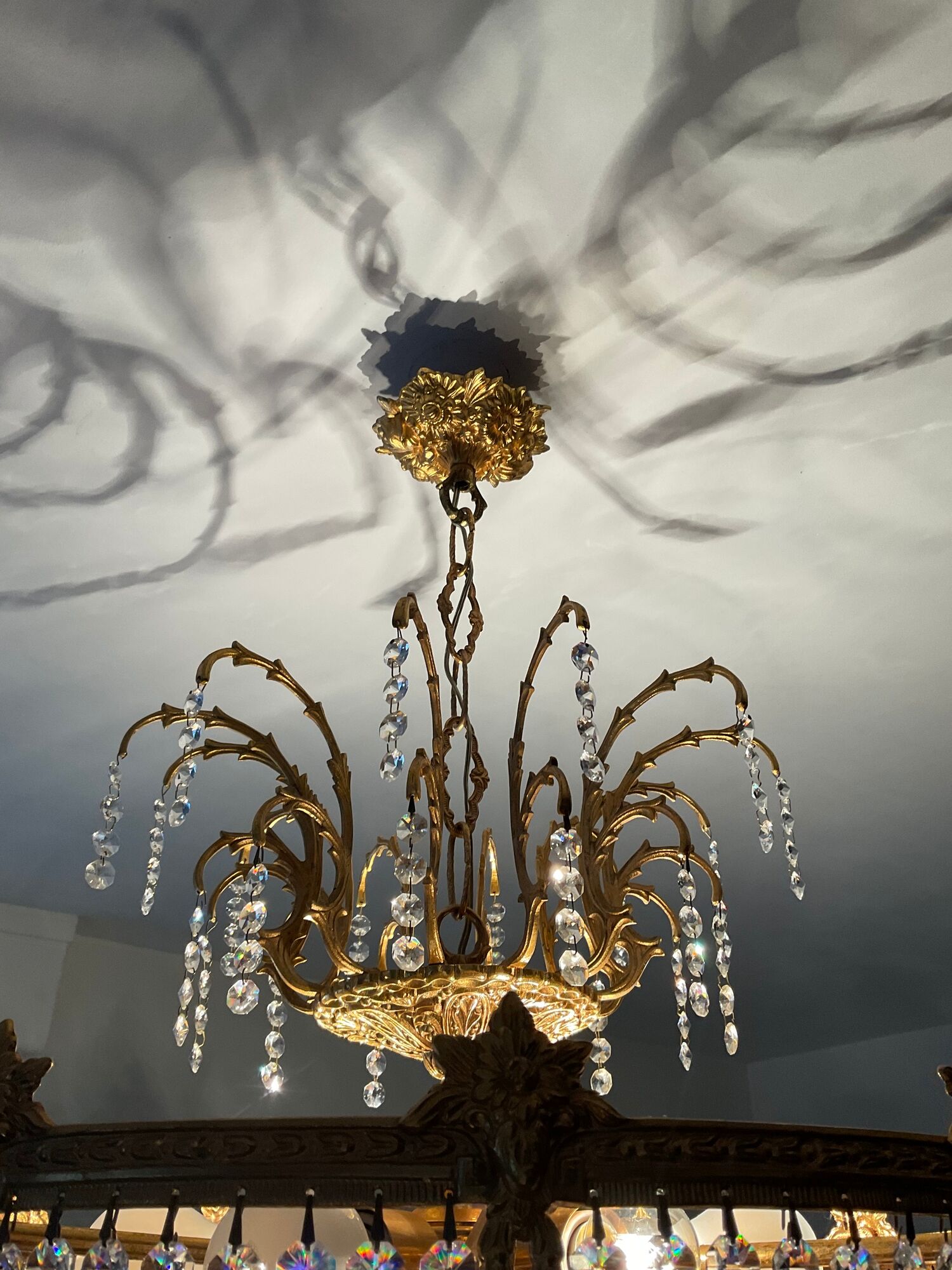 Old bronze waterfall chandelier with crystal tassels