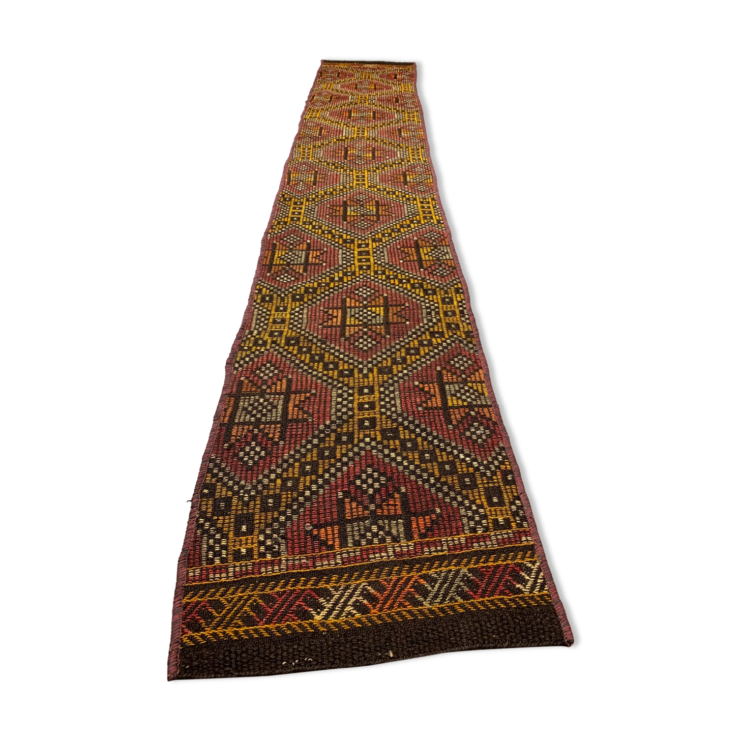 Old Turkish narrow Kilim Runner 315x51 cm, shabby chic, vintage kelim Red Black
