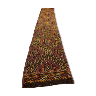 Old Turkish narrow Kilim Runner 315x51 cm, shabby chic, vintage kelim Red Black