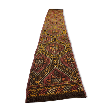 Old Turkish narrow Kilim Runner 315x51 cm, shabby chic, vintage kelim Red Black