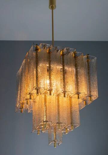 Chandelier in brass and structured ice glass, 1950s, Austria