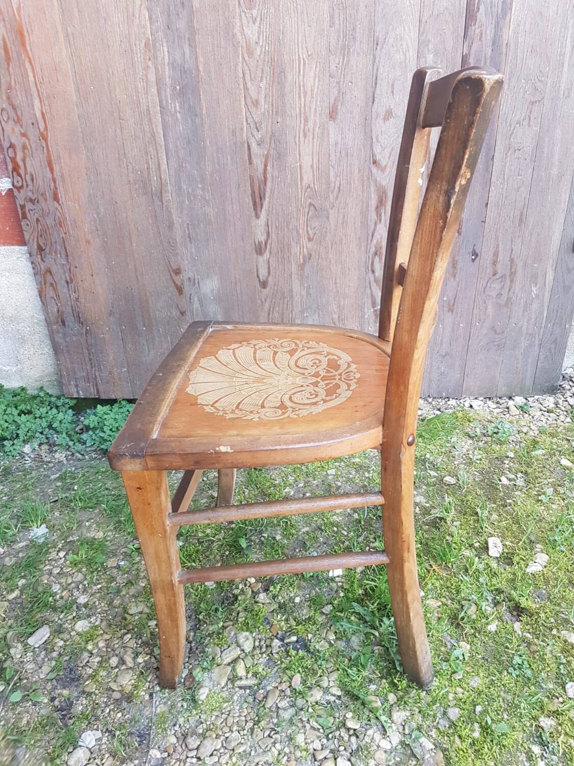 Old wooden bistro chair seat vintage relief drawing