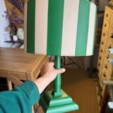 Pair of wooden bedside lamps with striped lampshades