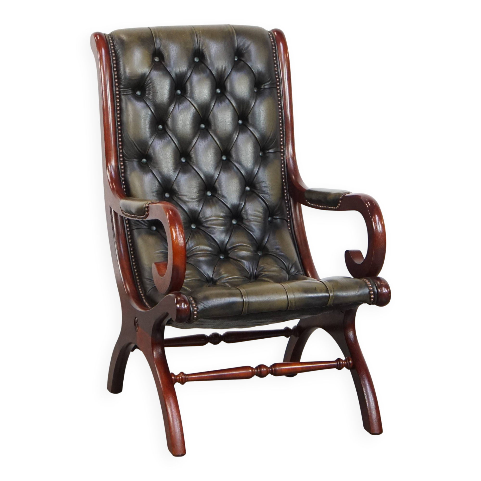 Green English-Style Cowhide Leather Chesterfield Armchair with Wood