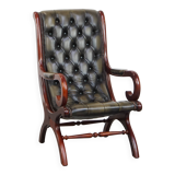 Green English-Style Cowhide Leather Chesterfield Armchair with Wood