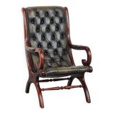 Green English-Style Cowhide Leather Chesterfield Armchair with Wood